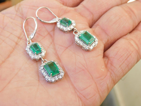 6.50 carat Emerald Cut Natural Emerald Drop Earrings In 14k Solid Gold Minimalist Elegant Design Anniversary gift