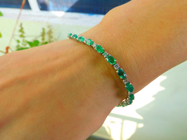 Oval Natural Emerald and Diamond Link Bracelet 14k Gold May Birthstone