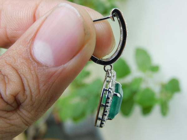 8 carat Vintage Style Natural Emerald-Cut Emerald Earrings with Diamond Halo Drop Earrings in 14K White Gold