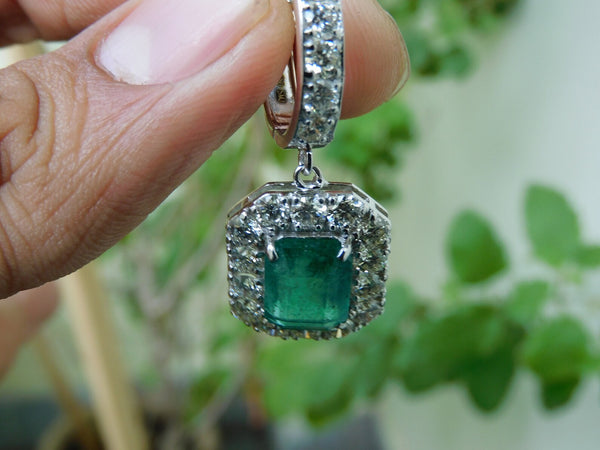 8 carat Vintage Style Natural Emerald-Cut Emerald Earrings with Diamond Halo Drop Earrings in 14K White Gold