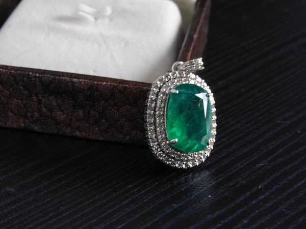 Cushion Cut Natural Emerald and Diamond Halo Pendant in 14K Gold Elegant Birthstone Jewelry