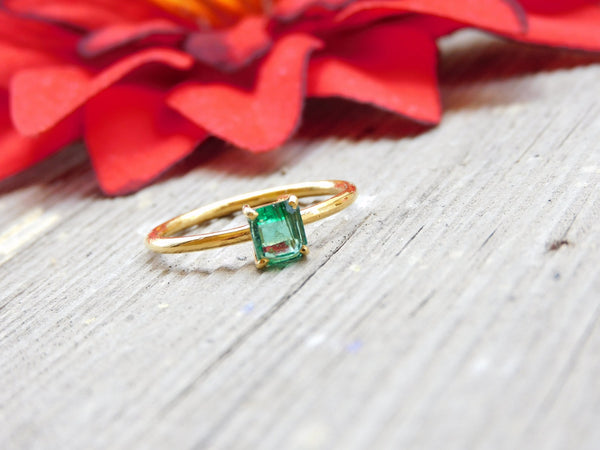 14k Solid Gold Emerald Ring: Octagon Solitaire Design - May Birthstone Ring