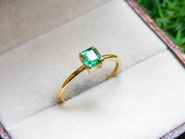 14k Solid Gold Emerald Ring: Octagon Solitaire Design - May Birthstone Ring