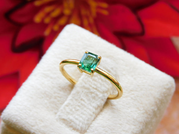 14k Solid Gold Emerald Ring: Octagon Solitaire Design - May Birthstone Ring