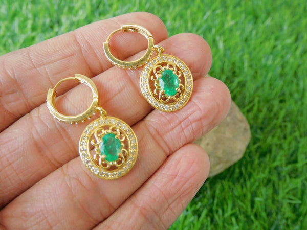 14K Gold Oval Shape Natural Emerald Diamond Dangle Earrings Vintage Style Women Earring