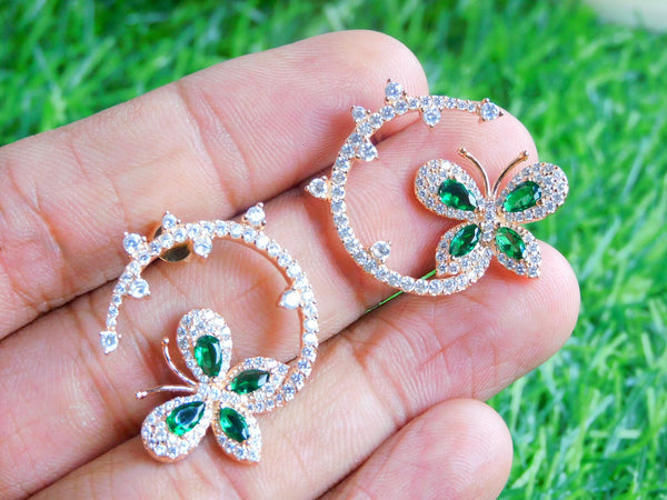 1.80 carat 14k Gold Marquise Emerald Butterfly Huggie Earrings Natural Emerald & Diamond