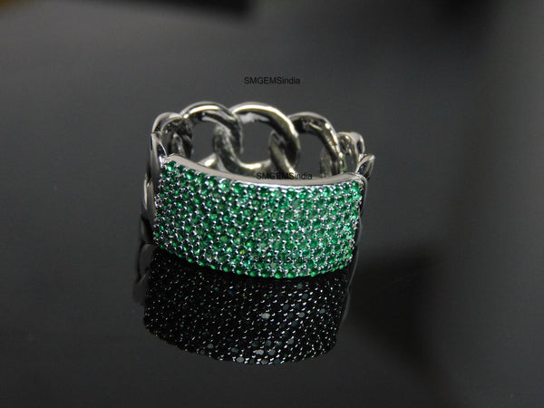 0.80 carat Round Shaped Natural Emerald Iced Out Green Stone Chain Link Ring For men's