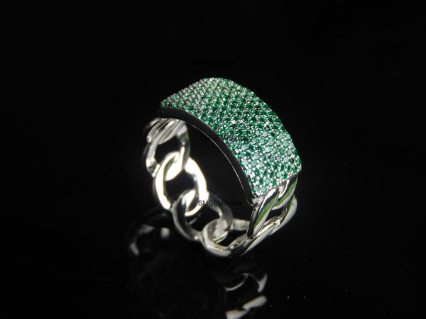 0.80 carat Round Shaped Natural Emerald Iced Out Green Stone Chain Link Ring For men's