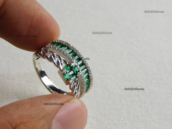 0.90 carat Natural Emerald Baguettes And Diamond Double chain Band Engagement Ring