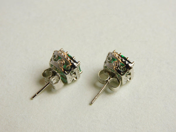 Natural Emerald Baguette & Diamond 18k Gold Stud Earrings Green Gemstone