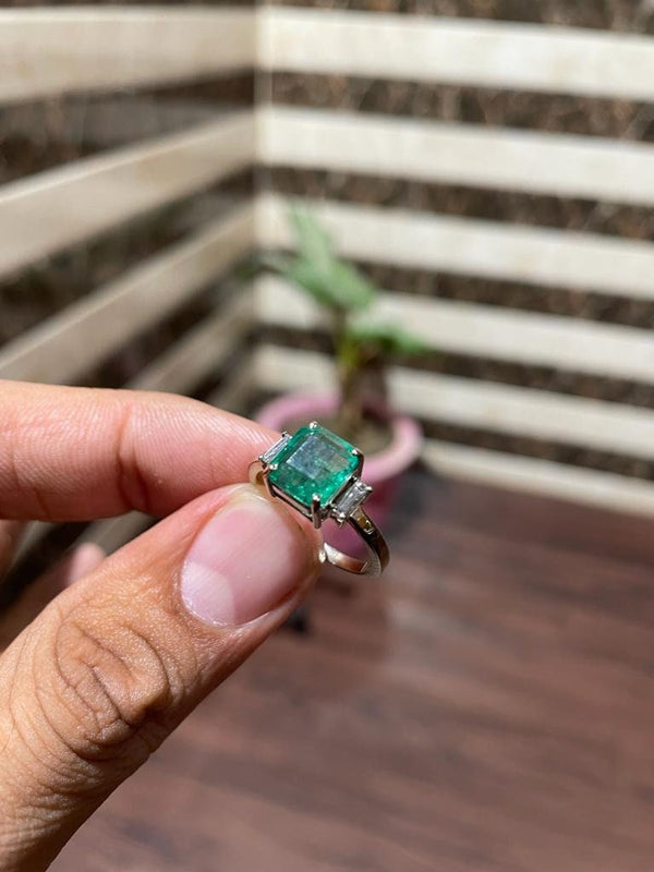 Timeless Emerald Cut Three-Stone Natural Emerald Ring with Baguette Diamonds in 14k Gold
