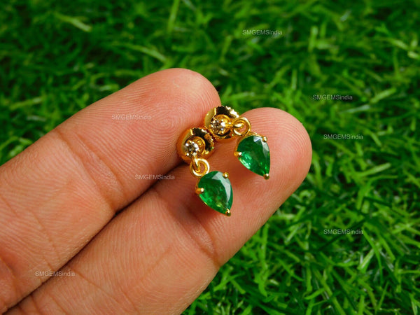1.90 carat Pear Shape Natural Emerald and Diamond 14k Gold Stud Earrings