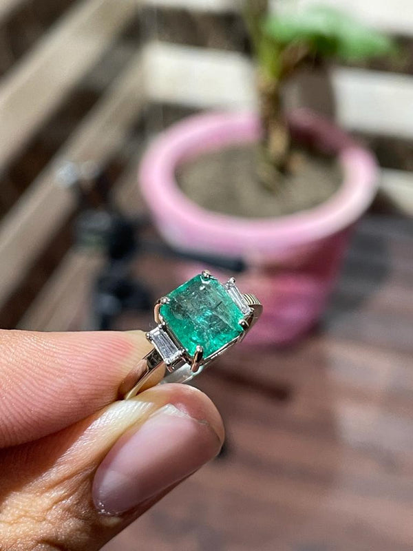 Timeless Emerald Cut Three-Stone Natural Emerald Ring with Baguette Diamonds in 14k Gold