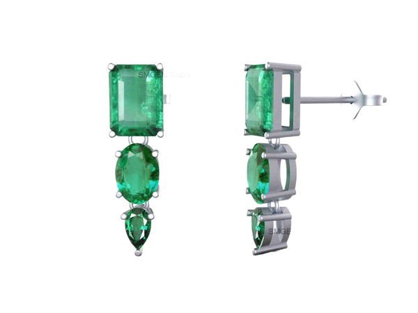 Emerald Cut , Pear Oval Three-Tier Natural Emerald Drop Earrings in 14K Gold
