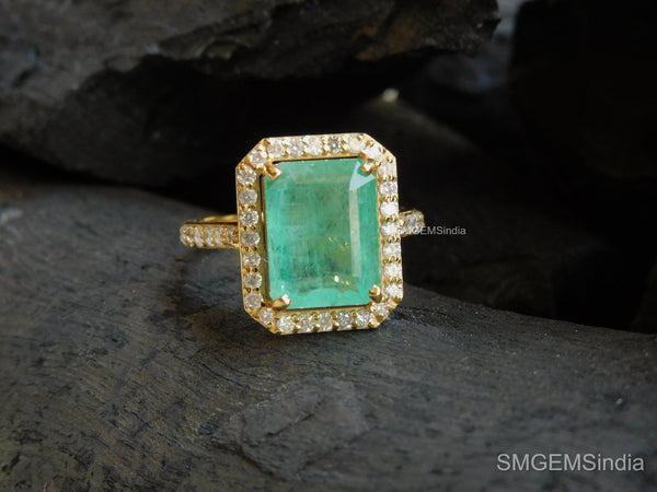 4.50 Carat Natural Emerald and Diamond Halo Ring in 14K Gold Emerald Cut Engagement Ring