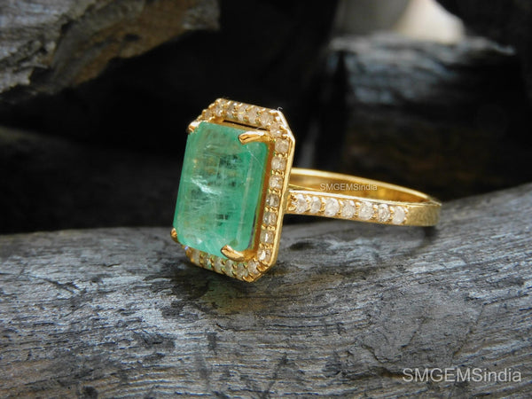 4.50 Carat Natural Emerald and Diamond Halo Ring in 14K Gold Emerald Cut Engagement Ring