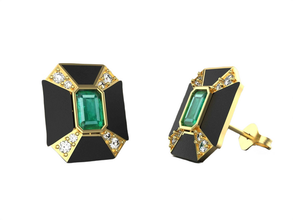 1.30 carat Emerald Cut Zambian Emerald & Diamond Black Enamel 14k Gold Stud Earrings