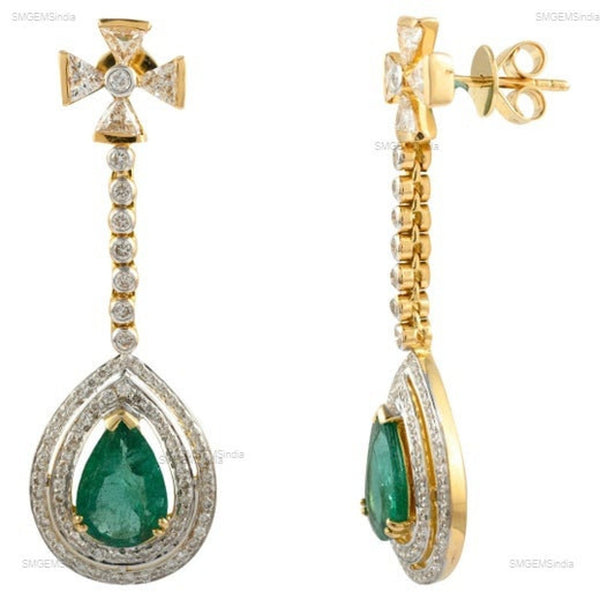 2.30 carat Pear Shape Natural Emerald And Diamond Dangle Drop Earrings