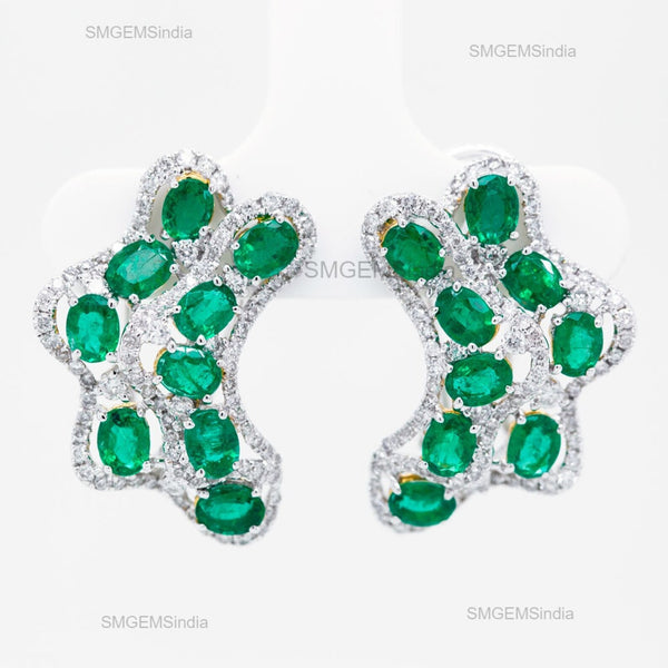 Natural Emerald Cluster Statement Earring studs in 14k and 18k Gold with Diamond Accents