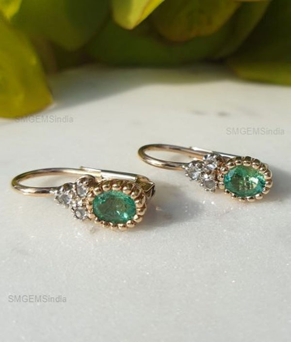 2.10 carat Oval Natural Emerald Dangle Earrings with Diamond Cluster 14K Gold Gift for Her
