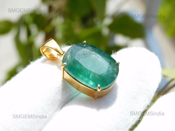 10.40 Carat Natural Emerald Pendant: 14k Gold Cushion Cut Gemstone