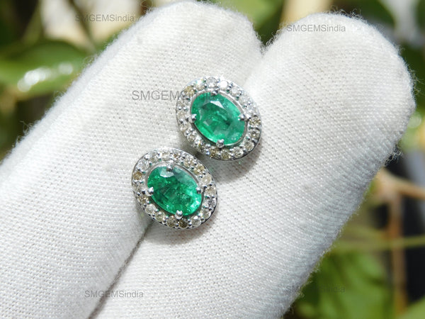 1.80 carat Natural Emerald Oval Halo Stud Earring with Screw Back Closure
