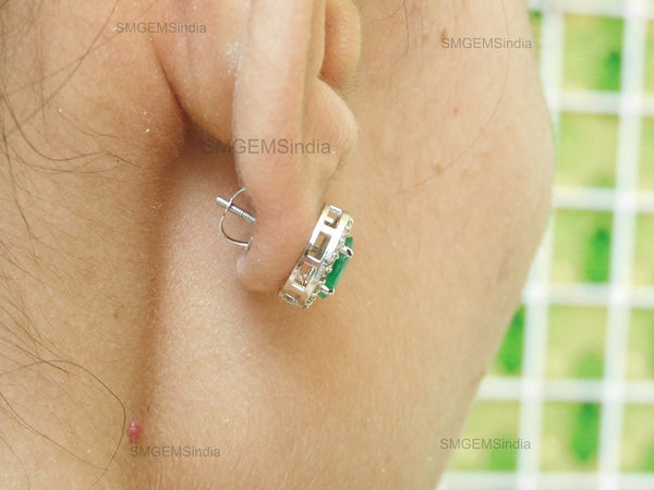 1.80 carat Natural Emerald Oval Halo Stud Earring with Screw Back Closure
