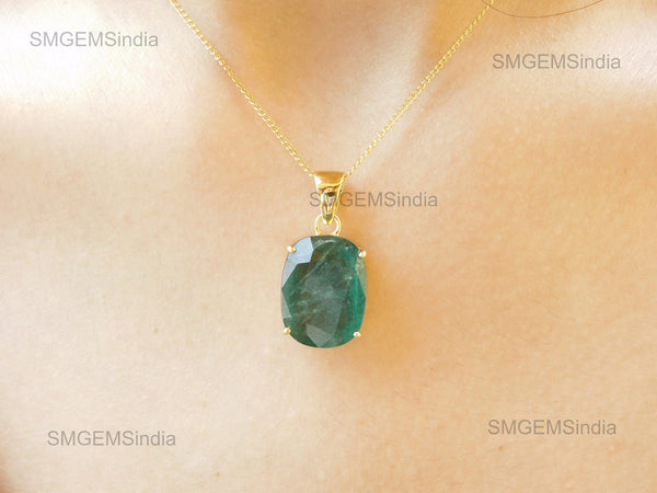 10.40 Carat Natural Emerald Pendant: 14k Gold Cushion Cut Gemstone