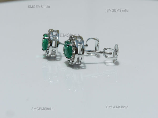 1.80 carat Natural Emerald Oval Halo Stud Earring with Screw Back Closure