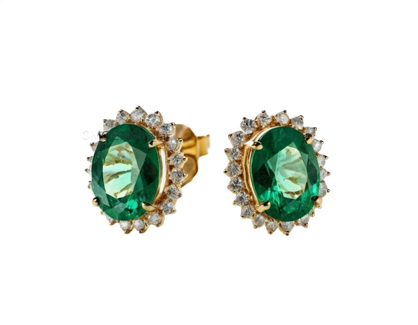 Oval shape Natural Emerald Halo Stud Earrings in 14k Gold with Diamond Accents