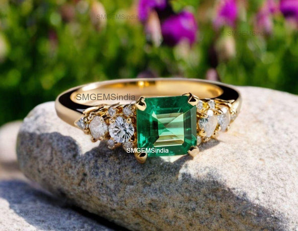 Octagon Natural Emerald And Diamond Engagement Ring Anniversary Gift Ring