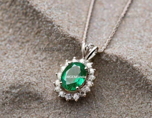 Vintage style 2.30 carat Oval shape Natural Emerald and Diamond Halo Pendant Necklace in 14K gold