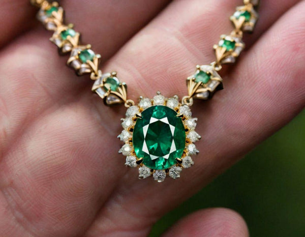 Oval Natural Emerald and Diamond Halo Necklace in 14K Gold Vintage Luxury Jewelry for Her