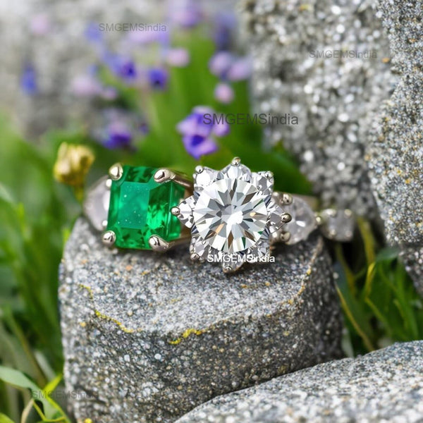 0.80 Carats Square Cut Natural Emerald And Round Diamond Engagement Ring Green Gemstone Two stone ring