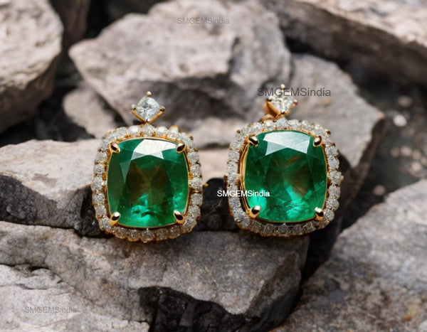 Cushion Cut Natural Emerald Halo Stud Earrings in 14K Gold Green Gemstone Gift for her