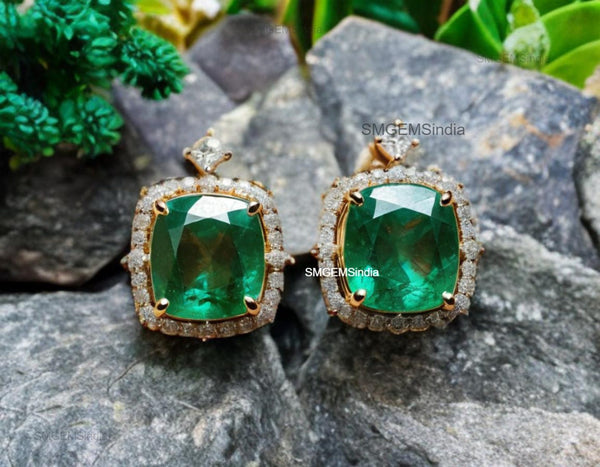 Cushion Cut Natural Emerald Halo Stud Earrings in 14K Gold Green Gemstone Gift for her