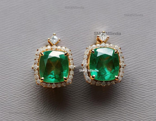 Cushion Cut Natural Emerald Halo Stud Earrings in 14K Gold Green Gemstone Gift for her