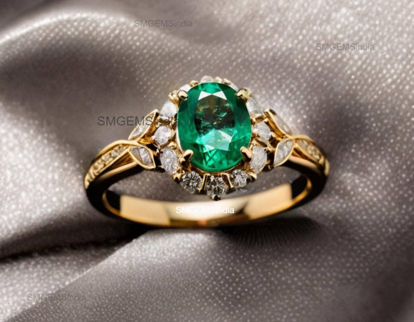 2.50 carat Oval Cut Emerald and Diamond Halo Ring in 14K Gold Vintage Engagement Ring