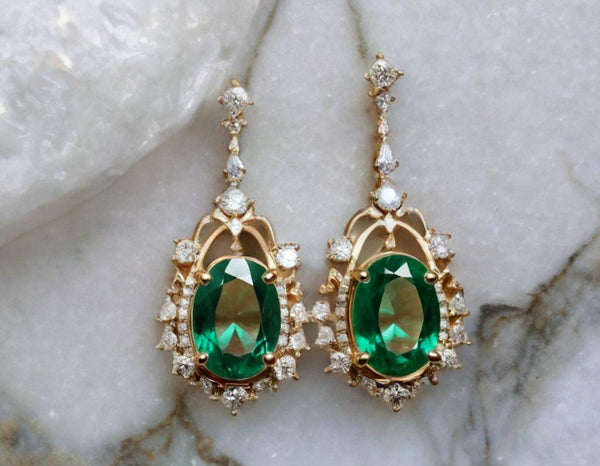 5.50 carat Oval Natural Emerald and Diamond Dangle Earrings in 14K Gold Green Gemstone Jewelry