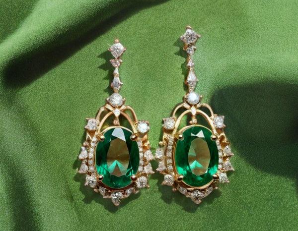 5.50 carat Oval Natural Emerald and Diamond Dangle Earrings in 14K Gold Green Gemstone Jewelry