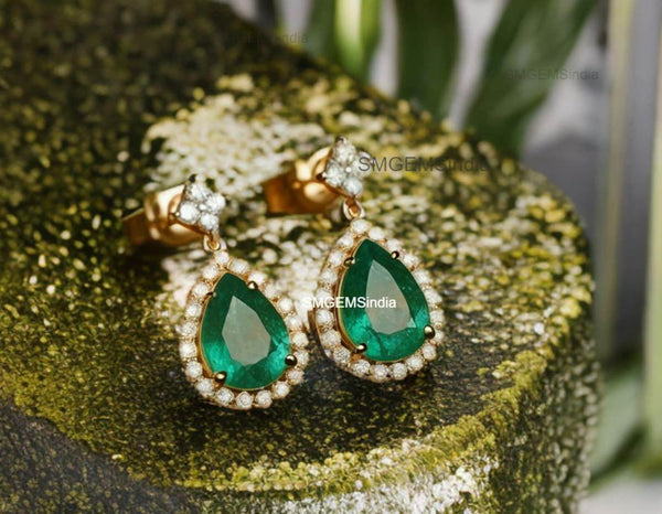 2.30 Carat Pear-Shaped Natural Emerald and Diamond Halo Drop Earrings in 18k Gold