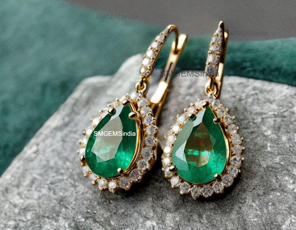 2.40 Carat Pear Shaped Natural Emerald Halo Earrings Fine Gold Drop Earrings for Women in 18k Gold