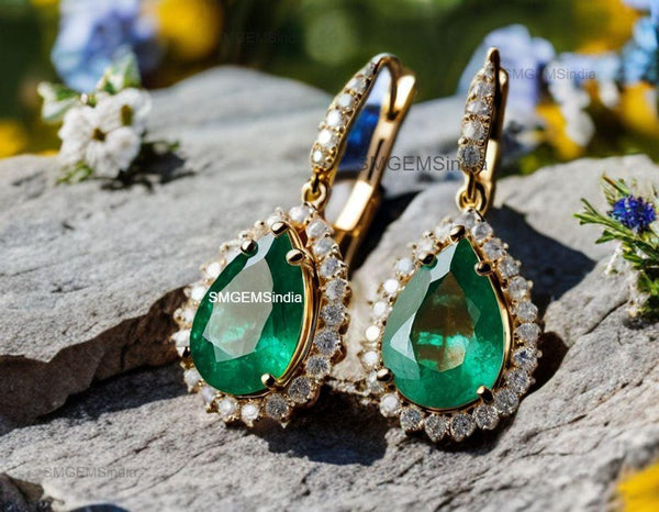 2.40 Carat Pear Shaped Natural Emerald Halo Earrings Fine Gold Drop Earrings for Women in 18k Gold