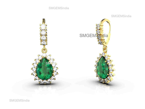 2.40 Carat Pear Shaped Natural Emerald Halo Earrings Fine Gold Drop Earrings for Women in 18k Gold
