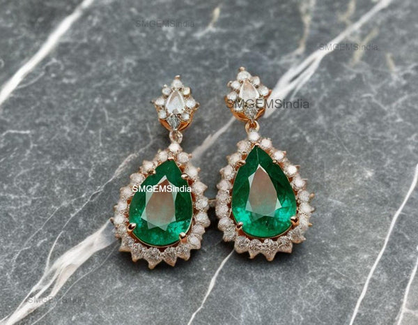 Exquisite Pear Cut Natural Emerald Dangle Earrings with Diamond Halo for Special Occasions