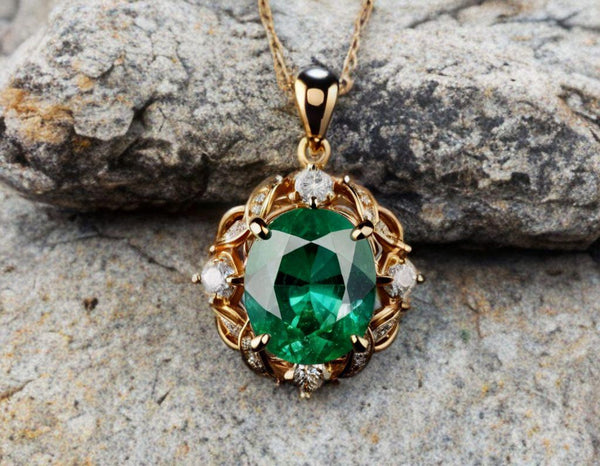 4.3 CARAT Oval Emerald and Diamond Halo Pendant in Solid Gold Timeless Green Gemstone Jewelry