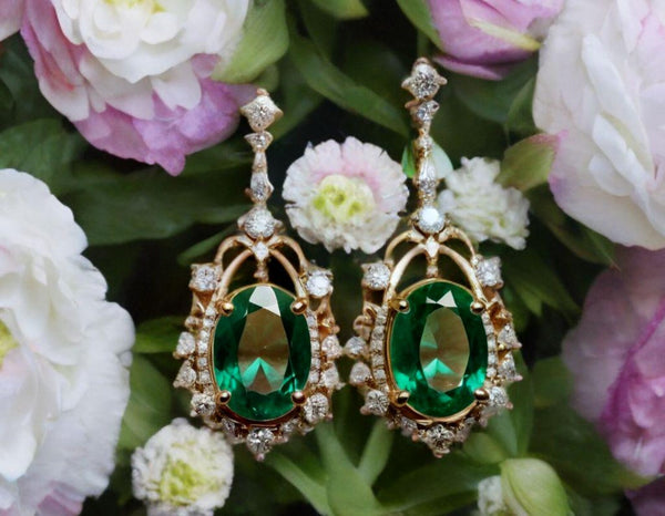 5.50 carat Oval Natural Emerald and Diamond Dangle Earrings in 14K Gold Green Gemstone Jewelry