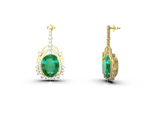 5.50 carat Oval Natural Emerald and Diamond Dangle Earrings in 14K Gold Green Gemstone Jewelry