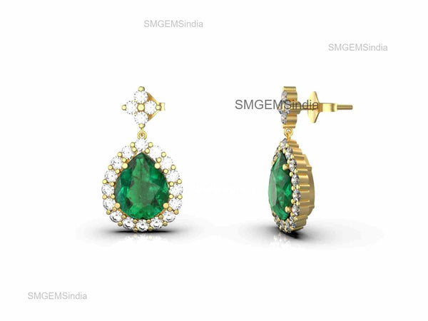 2.30 Carat Pear-Shaped Natural Emerald and Diamond Halo Drop Earrings in 18k Gold