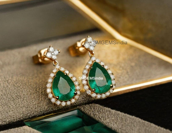 2.30 Carat Pear-Shaped Natural Emerald and Diamond Halo Drop Earrings in 18k Gold